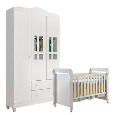 Imagem de Berço Americano Mirelle E Guarda Roupa Infantil Ariel 3 Portas Branco Brilho - Carolina