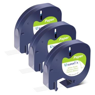 Imagem de USUPERINK Pacote com 3 fitas de substituição de etiquetas compatíveis para refil DYMO Letratag 91330 10697 S0721510 preto sobre branco 12 mm 1/2" x 4 m Fita LT de papel para LetraTag Plus LT-100T LT-100H QX50 Rotulador