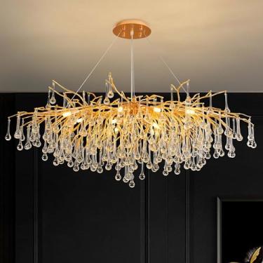Imagem de Upfelw Lustre Moderno De Cristal Em Formato Gota Chuva, L40'', Retangular Linear Dourado, Luminária Art Déco Com Galho Árvore Para Cozinha, Ilha, Sala Estar, Hall Entrada, Escada, 10 Luzes
