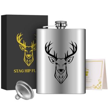 Imagem de 1 cantil de aço inoxidável de 236 ml, frasco de bolso, com funil e caixa de presente de cartão de felicitações, padrão de cabeça de veado preto, frasco personalizado, ideal para acampamento, caminhada