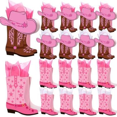 Imagem de Mooliwe 24 peças de botas de cowboy cowgirl com papel de seda tema ocidental lembrancinhas de festa do oeste selvagem sacos kraft despedida de solteira último rodeio suprimentos para festa (rosa)