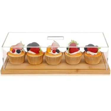 Imagem de Cinnvoice 1 pacote com suporte retangular para bolo com tampa, suporte de placa de bolo de bambu, bandeja de sobremesa com tampa, expositor de pastelaria para presentes de cozinha, bandeja retangular