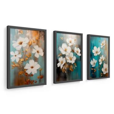 Imagem de trio de quadros decorativos com moldura em madeira e vidro, 18x24 cm, flores brancas e douradas, turquesa, luxo (preto)