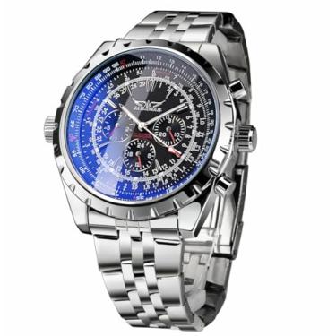 Imagem de FORSINING Relógio de pulso mecânico de aço inoxidável com design de vidro azul preto e prata, Preto