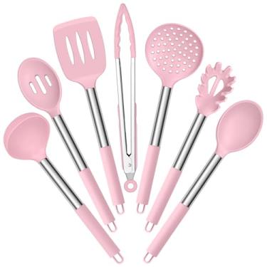 Imagem de E-far Conjunto de utensílios de cozinha de silicone, 7 peças de utensílios de cozinha resistentes ao calor com alça de aço inoxidável, espátula com fenda, colher, concha de sopa, servidor de massa