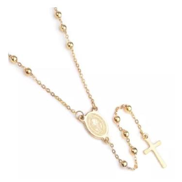 Imagem de Terço Rosário Oração Dourado 50cm Aço Inox