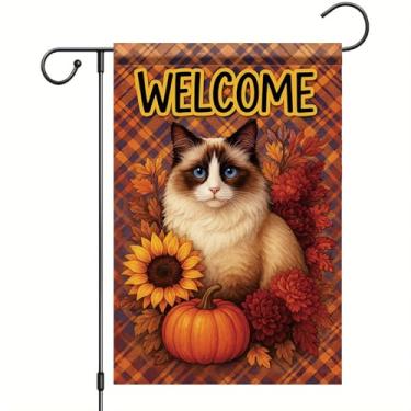 Imagem de Starlit Patio Bandeira de jardim de outono de Ação de Graças Ragdoll Bandeira de gato 30,5 x 45,7 cm Bandeira xadrez floral de abóbora para quintal outono decoração ao ar livre para varanda gramado