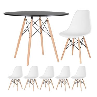 Imagem de Mesa Redonda Eames 100cm Preto + 5 Cadeiras Branco