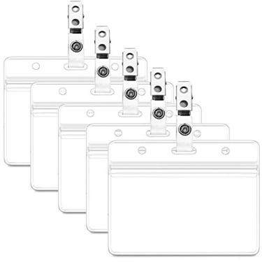 Imagem de Etiquetas com suporte de crachá de identificação à prova d 'água em PVC transparente vertical com alças para clipe de crachá, Horizontal, 10 PACK