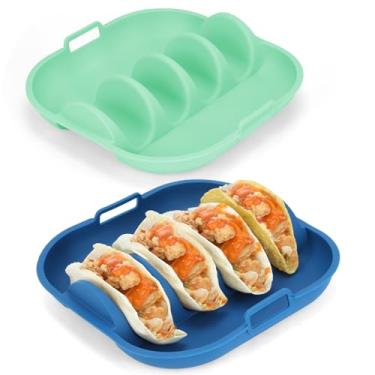 Imagem de Suporte de silicone para tacos, pacote com 2, pratos reutilizáveis de taco com divisórias, bandeja suporte para tacos Fiesta. Pratos de servir tacos, laváveis na lava-louças e no micro-ondas (2, azul