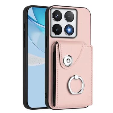 Imagem de Yarxiawin Capa para celular Xiaomi 14T Pro com porta-cartões preta, carteira fina Xiaomi 14T Pro com suporte de anel, capa de couro à prova de choque (rosa)