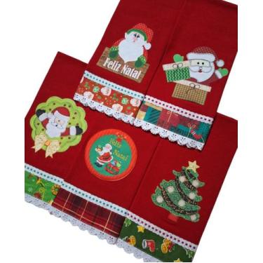Imagem de Pano de Prato NATAL VERMELHO Bordado Patchwork Revenda Kit 5 unidades 