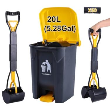 Imagem de ienjoyed Pooper Scooper pacote com 2 latas de lixo de 20 litros, pá de cachorro com alça longa de 71 cm para cães grandes e pequenos, pesados, balde interno removível para uso externo, 50 sacos de