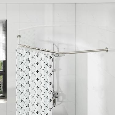 Imagem de Haste de cortina de chuveiro de canto, mastro de chuveiro em forma de diamante, varão de cortina de chuveiro curvo para banheiro, aço inoxidável 304 com 12 ganchos de anel e suporte de teto [laterais