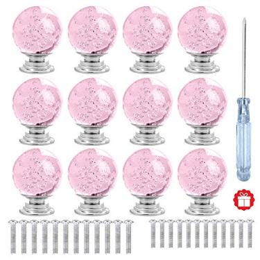 Imagem de ANJUU 12 puxadores de armário de vidro de cristal bolha de forma redonda de 30 mm com parafusos, puxador de gaveta usado para cozinha, cômoda, porta, armário (rosa)