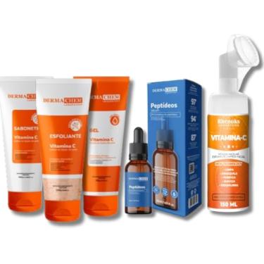 Imagem de kit Skincare Vitamina C Clareador Ant.idade Sabonete + Esfoliante + Gel Hidratante + Sérum Peptideos Anti Olheiras + Mousse Micelar Limpeza Facial 150ml
