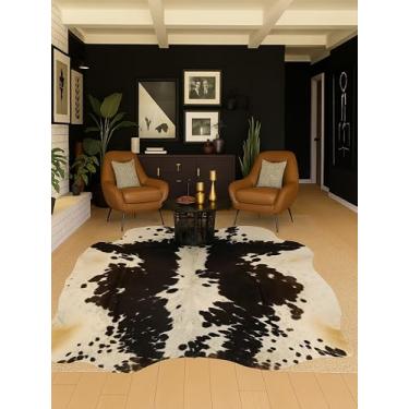 Imagem de Jild Tapetes de couro genuíno - Tapetes de couro natural para sala de estar - Tapete de couro de vaca real estilo vintage para decoração de quarto e casa (preto e branco)