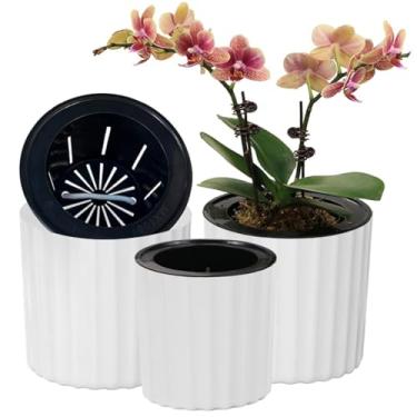 Imagem de MUZHI pote de orquídeas com rede e furos, vaso de planta de rega automática redonda para plantas e flores interiores 3 conjuntos branco