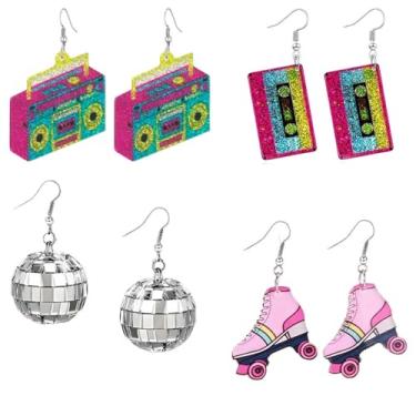 Imagem de Dreuyet 4 pares de brincos femininos dos anos 80 e 90 para mulheres, relâmpago colorido, acrílico, retrô, geométrico, para roupas dos anos 80, cosplay, festa musical, acessórios dos anos 70, 80, 90