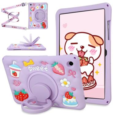 Imagem de Capa infantil para Samsung Galaxy Tab A9 Plus A9+ 27.9 cm versão 2023 (SM-X210/X216/X218) com alça de ombro/suporte giratório, capa para tablet de silicone macio morango para crianças e meninas