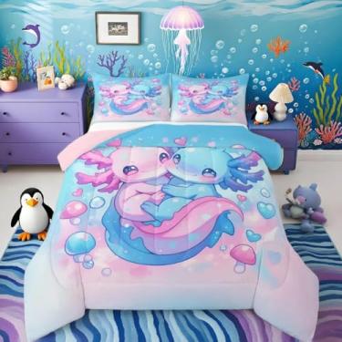 Imagem de Conjunto de edredom fofo com desenho de salamandra, temática de axolotl, para crianças, meninos, meninas, adolescentes, oceano, vida marinha, tamanho casal, azul, rosa, 3 peças, microfibra leve e