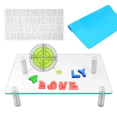Imagem de HAWERSI Mesa de nivelamento de resina com ajuste de altura, mesa de resina de vidro resistente ao calor de 40,6 cm x 30,5 cm com tapete de silicone e moldes de letras, compatível com tapete de