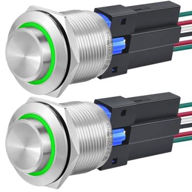 Imagem de ZJWZJH Interruptor De Botão Pressão 22 Mm Com Travamento Momentâneo, Redondo, À Prova D'Água Ip67, Liga/Desliga, Aço Inoxidável 304 Led 12 V E 24 Para Fio 7/8" (2 Peças) (Verde, V)