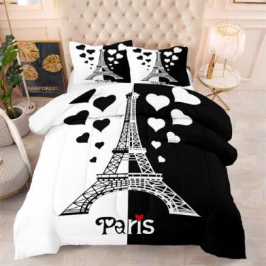 Imagem de Conjunto de edredom Queen de Paris com coração preto e branco para casal, Torre Eiffel, França, romântico, macio, leve, conjunto de cama 3 peças para todas as estações (1 edredom, 2 fronhas)