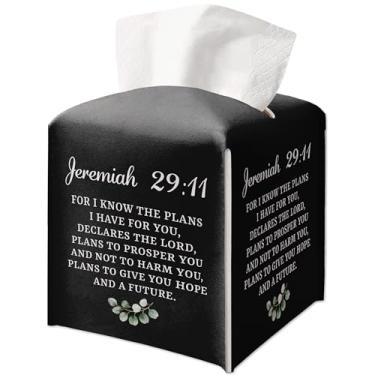 Imagem de Capa quadrada de caixa de lenços decorativa cristã, capa de caixa de lenços de papel preto, ideias de presentes de versículo da Bíblia para amigos, para eu sei os planos que tenho para você, decoração