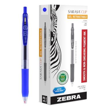 Imagem de Zebra Pen Caneta de gel retrátil Sarasa Clip, ponta fina, 0,5 mm, tinta azul, pacote com 12