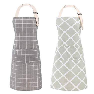 Imagem de Avental de algodão e linho à prova d'água Tosecon, 2 peças, com 2 bolsos – Alça de pescoço ajustável – Aventais decorativos unissex para cozinha e cozinha, Grey/Green, 2