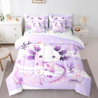 Imagem de Feelyou Jogo de cama infantil fofo Axolotl 7 peças, conjunto de edredom com estampa de animais marinhos oceânicos em uma bolsa, para meninos e meninas, 7 peças