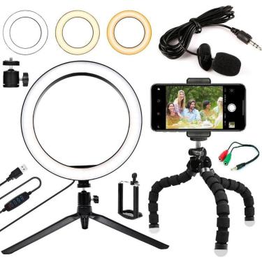 Imagem de Kit Youtuber Microfone Celular Tripé Iluminador Ring Light