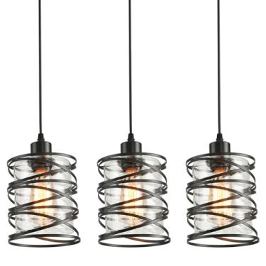Imagem de Pacote com 2 lâmpadas pendentes de ilha de cozinha, luz suspensa com cortina de vidro fosco de gaiola espiral, lâmpada de suspensão interna moderna preta (pacote com 3)