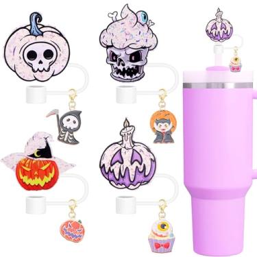 Imagem de Conjunto de topos de palha de Halloween, tampas de palha fantasma branco com pingentes de caveira de encaixe para copos Stanley de 850 g 40 0z, tampas reutilizáveis à prova de poeira para presentes de