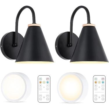 Imagem de Arandela de parede industrial de madeira falsa preta operada por bateria, fácil de instalar, sem fios, lâmpada LED regulável com controle remoto, luminárias de parede reguláveis para quarto interno