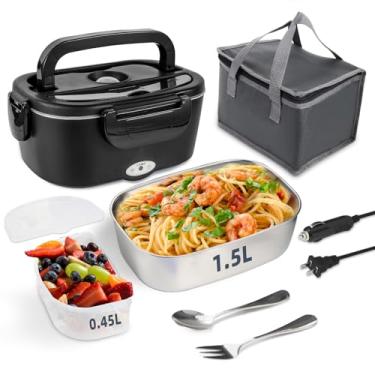Imagem de SOHIDA Lancheira elétrica, aquecedor de alimentos portátil de 12 V/24 V/110 V com garfo e colher SS para carro/caminhão/escritório, lancheira com aquecimento automático de 80 W com recipiente de 1,5 L