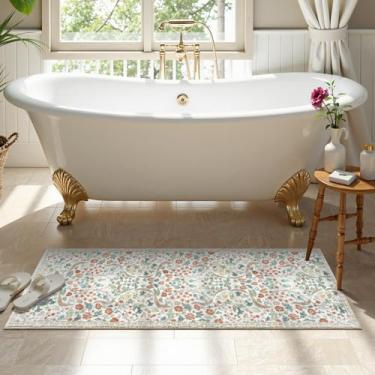 Imagem de Uphome Tapete de banheiro floral vintage, 45,7 x 128 cm, antiderrapante, macio, felpudo longo, para casa de banho, ultra absorvente, grosso, lavável à máquina, secagem rápida, tapete de banho para