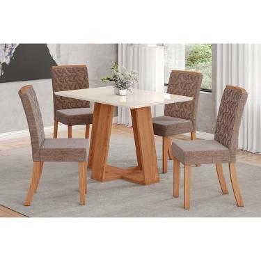 Imagem de Conjunto: Mesa Sala Jantar Lins c/ Tampo Reto Madeirado c/ Vidro 120x80cm e 4 Cadeiras Esther Nature/Linho Cacao - Henn