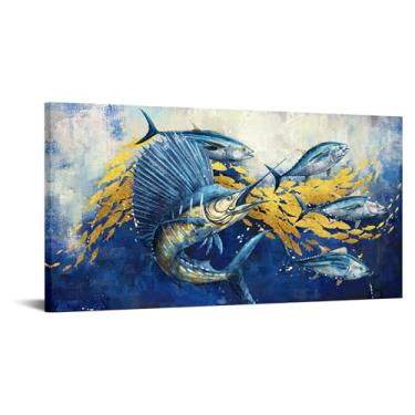 Imagem de KREATIVE ARTS Arte de parede de peixes oceânicos Sailfish Atum Marlin Impressão em tela azul e dourada Cena subaquática costeira decoração náutica para banheiro, sala de estar, escritório, casa de