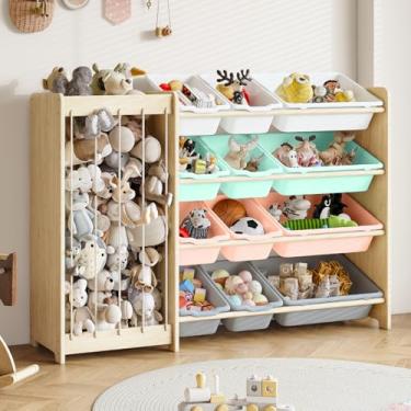 Imagem de Organizador de brinquedos para crianças, armazenamento de animais de pelúcia 2 em 1 e organizador de brinquedos com 12 caixas de armazenamento, rack de madeira maciça com cordas elásticas mais grossas