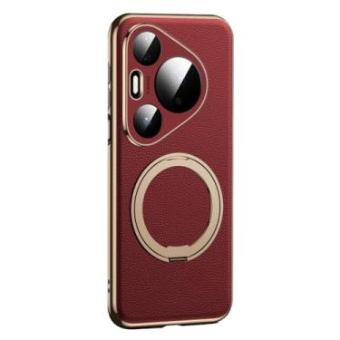 Imagem de HAOMRIYL Capa de couro genuíno para Huawei Pura 80 Ultra/80 Pro +/80 Pro/80, anel giratório magnético, capa de proteção total da lente, vermelha, 80 Ultra