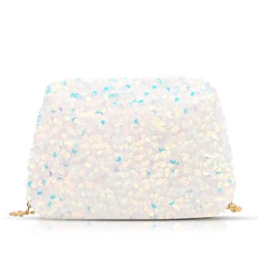 Imagem de QTKJ Bolsa de ombro para mulheres, bolsas clutch de lantejoulas, bolsa de noite, bolsas transversais para casamento, formatura, festas, viagens (branca), Branco, One Size