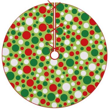 Imagem de Fzbali Saia de árvore de Natal de bolinhas verdes vermelhas e brancas, 121 cm, saia de árvore de Natal com cadarço, decoração interna de festa de inverno, decoração de casa
