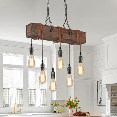Imagem de Lustre de casa de fazenda com 6 luzes para sala de jantar, luminária pendurada em madeira, cozinha, ilha, luminária, lustre preto, para cozinha, ilha, sala de estar