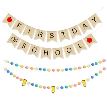 Imagem de Mindsoft Conjunto de 4 peças de 3 metros de decoração de faixas para o primeiro dia de aula, guirlanda de lápis de feltro, guirlanda de pompom colorido, bandeira de serapilheira para sala de aula