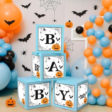 Imagem de Epakh 4 caixas de balões de Halloween decorações de chá de bebê azul a Little Boo Is Almost Due Ghost Pumpkin Spider Balloon Boxes com letras para chá de bebê Halloween festa de aniversário revelação