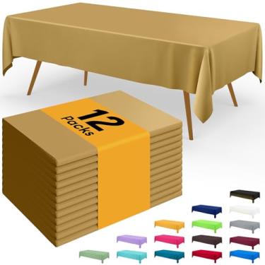 Imagem de Smiry Toalha de mesa descartável – pacote com 12, toalhas de mesa retangulares impermeáveis de 137 x 272 cm para festas, capa de mesa de plástico decorativa, à prova de vazamento e resistente, dourada