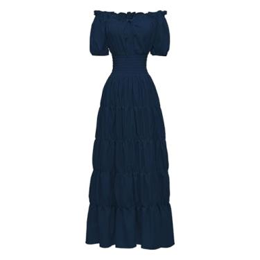 Imagem de Fantasia renascentista feminina medieval chemise vestido camponês top irlandês sob vestido maxi camadas longo vestidos cottagecore, Azul marinho, G
