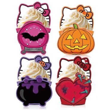 Imagem de HOMEZZO 24 peças de enfeites de cupcake de gato de Halloween, suportes de cupcake fantasma assustador para crianças, aniversários, decorações de festa de Halloween